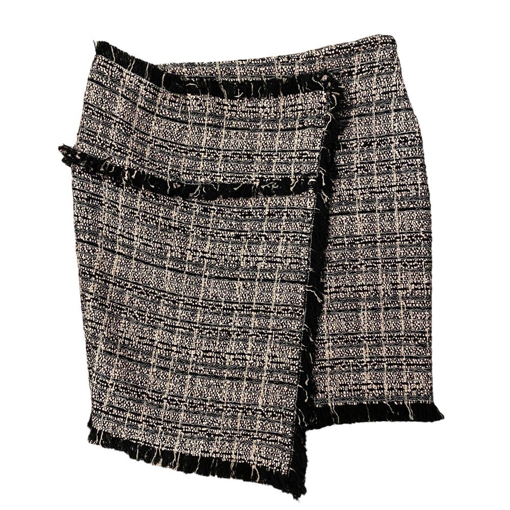IRO Paris Beige Black Zip Up Layered Front Boucle Fringe Pencil Skirt Tweed 36